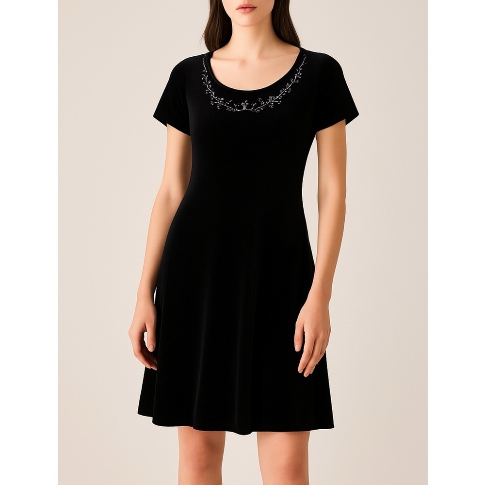 Vintage Fashion Bug Black Velvet Embroidered Dress Short Sleeve Tie Back 8 Y2K